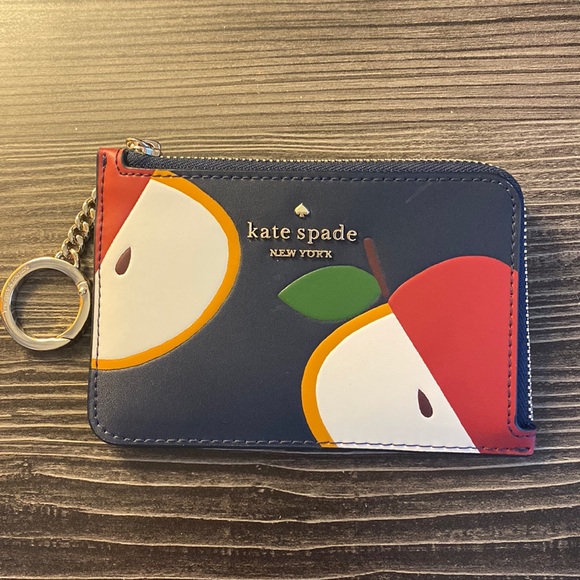 Kate Spade Honeycrisp Apple Medium L-Zip Card Holder Blue Multi